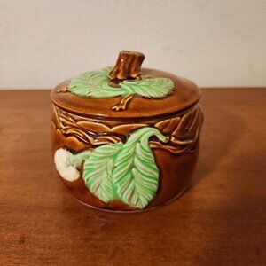 Vintage Ceramic Brown & Green Leaf Design Trinket Jar With Lid 4" H x 4" W